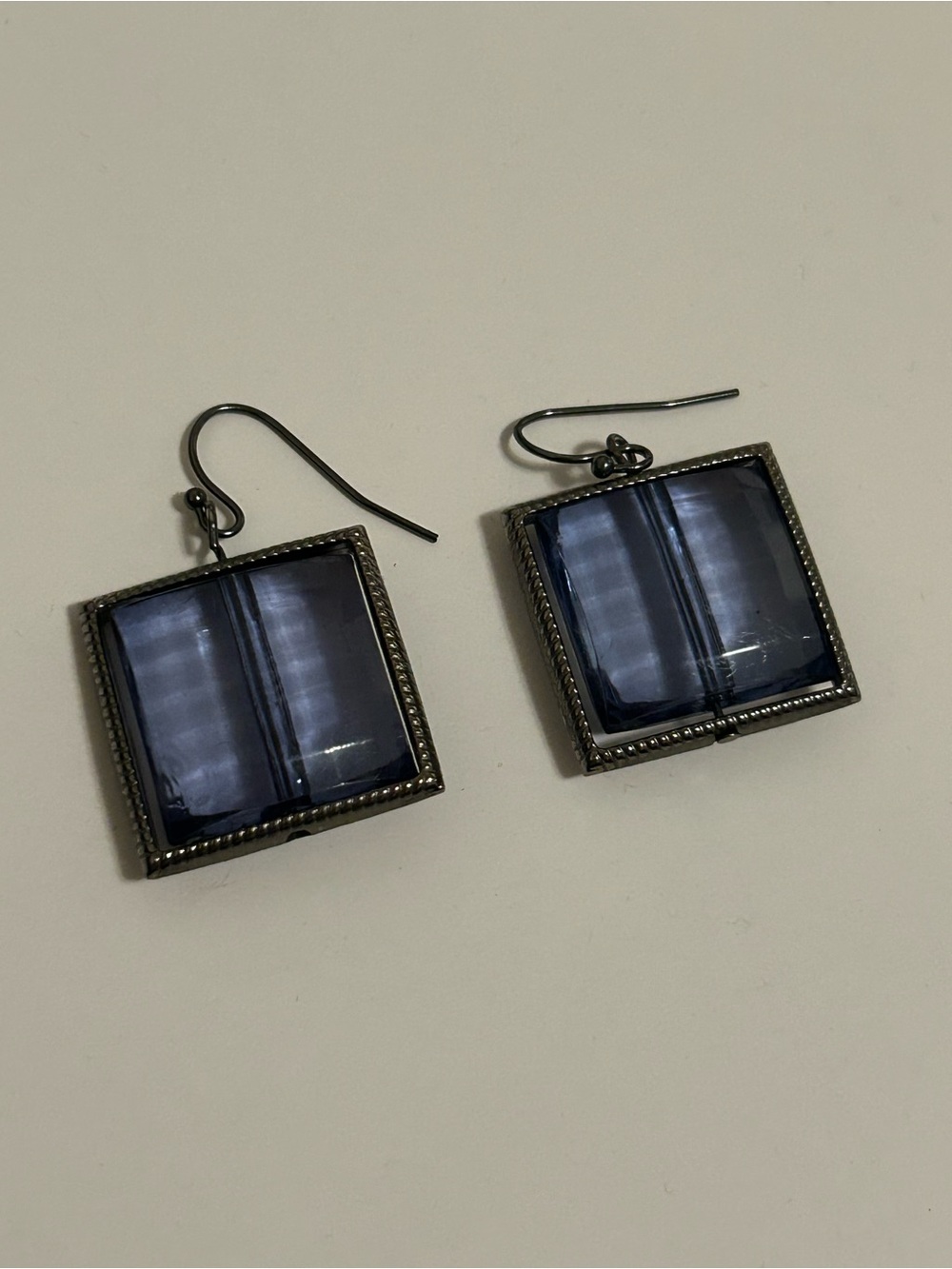 Blue Square Glass Drop Earrings Vintage Jewelry Accessory Costume Fashion